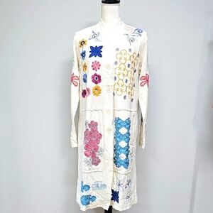 BIYA by Johnny Was Gracen Mix Sweater Cream Duster Knit W/Colorful Embroidery
